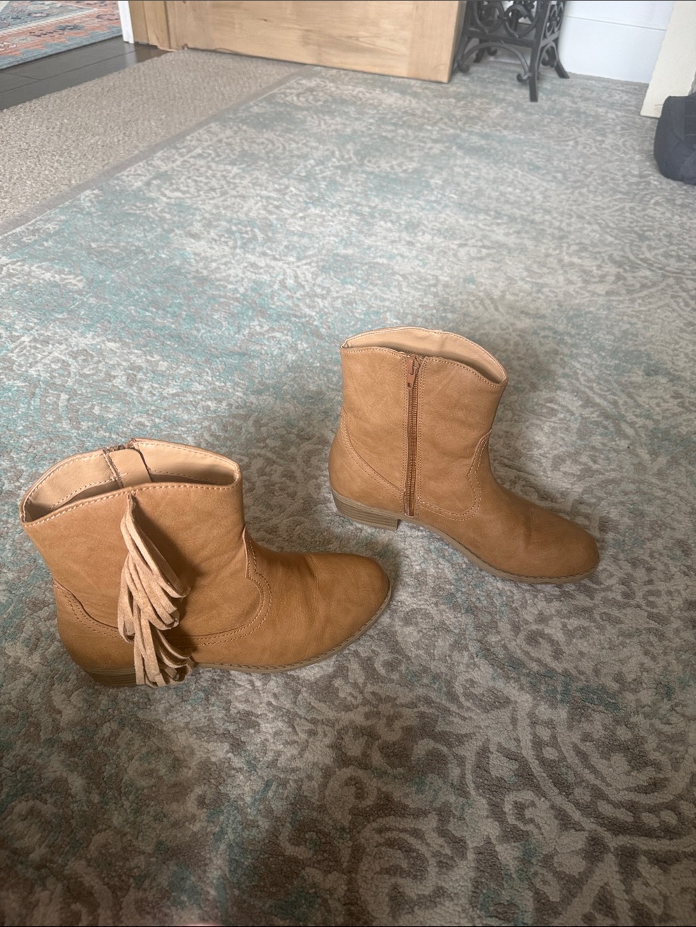 Girls Tan Fringe Ankle Boots with Side Zip